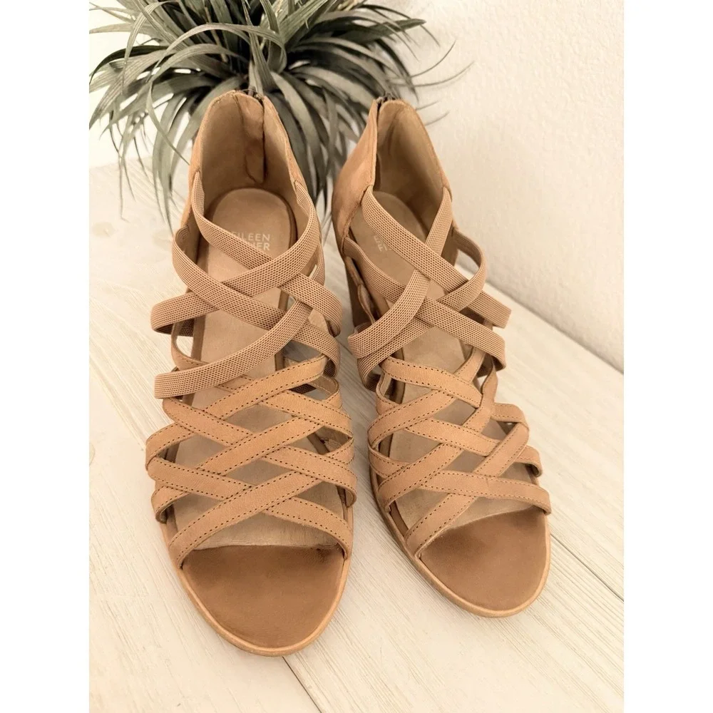 Eileen Fisher Strappy Wedge Heels‎ Women Size 9.5/10 Sandals Leather Rear Zip